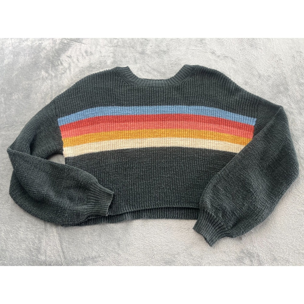 American Eagle Womens Crew Neck Crop Sweater Green Striped Pullover M